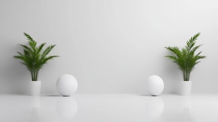 Minimalist, modern interior design featuring two potted palm plants and white spheres.  Clean, bright, and spacious empty room