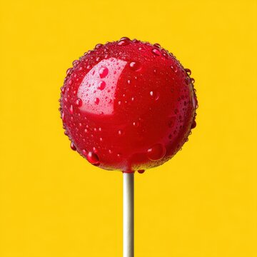 Ultra detailed red lollipop with realistic water droplets on glossy surface, placed on solid yellow background, hyperreal pop art