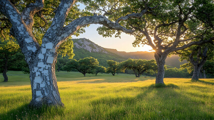 Fototapeta premium Sunsets glow filters through trees in a grassy meadow with mountains in the background creating a serene landscape