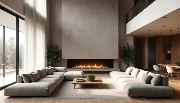 Modern living room interior with high ceiling, large sectional sofa. Interior design features fireplace, minimalist decor, wooden floor. Luxury apartment home with big windows.