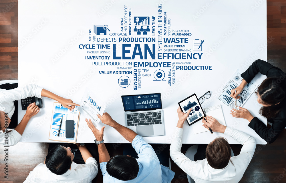 Poster A diverse team collaborates on lean strategies to enhance efficiency and production. Engaging discussions and innovative tools optimize workplace performance and processes. Amity