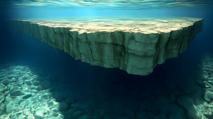 Underwater shot of a massive flat light-colored platform with a rough vertical surface sea floor is textured with rip