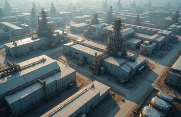 Aerial industrial complex shot from above. Factories, warehouses, machinery in urban landscape. Manufacturing, production, logistic, infrastructure, construction site. Modern industry overview, tech,