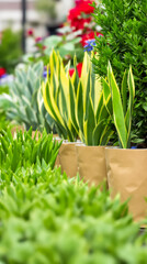 assortment of vibrant green and yellow plants in beige pots