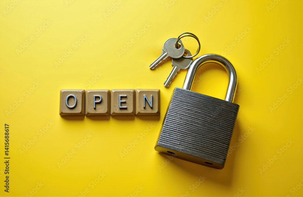 Poster open lock with keys on yellow background, concept spelled out with block letters. security theme, sa