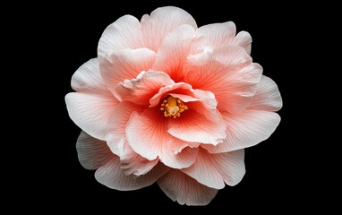 Close-up of a pale pink camellia flower with speckled petals, levitating against a stark black background. The image is sharply focused, showcasing the intricate details of the blossom. 