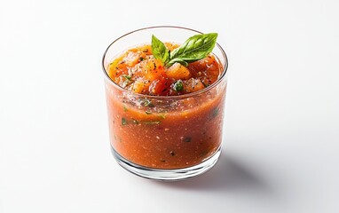 Vibrant orange gazpacho in a clear glass, garnished with fresh basil, sits on a solid white background. The chilled soup is subtly textured, suggesting a refreshing summer dish