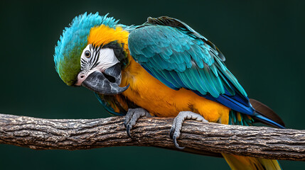 Obraz premium A blue and yellow parrot is perched on a branch. Generated using AI.
