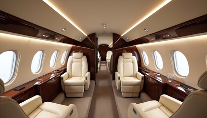 Fototapeta premium Luxurious private jet interior with modern furnishings. Comfortable leather seats, wooden paneling, porthole windows create elegant atmosphere. Travel, business class, aviation concept, elite