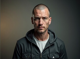 Fototapeta premium Man with medium skin and buzz cut in casual clothes, expressing sadness, standing in front of gradient background, studio lighting, centered composition, 4k photo, shallow depth of field. Mockup.