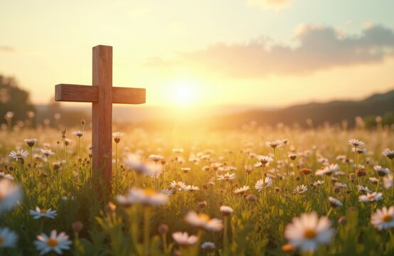 Wooden Christian cross stands field wildflowers, bright sunlight. Symbolic image represents faith, hope, spirituality, religion, Easter. Sunset, spring landscape, natural light evokes peaceful,