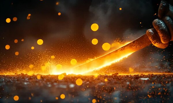 A glowing sword being forged in a fiery workshop, surrounded by sparks and smoke