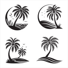 Elegant Black and White Palm Tree Illustrations – Tropical Beach Sketch Set