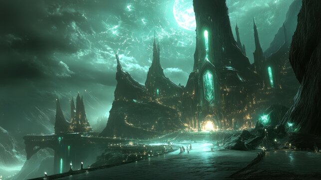 Dark, ethereal citadel emerges from a mystical landscape.