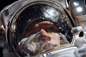 Close-up of an astronaut's face inside a helmet shows the reflections and the astronaut's gaze, focused and determined, in space. 