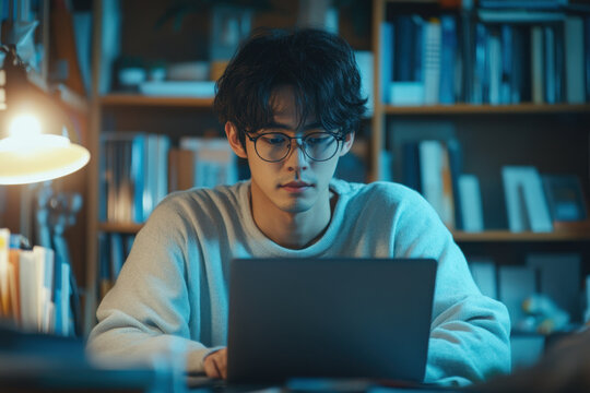 Young man in glasses engrossed in using a laptop at a coffee shop, surrounded by books and notes, with a cup of coffee next to him. - Powered by Adobe