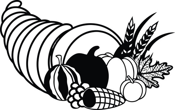 black and white cornucopia harvest arrangement clip art preview