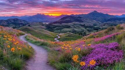 Fototapeta premium Vibrant wildflower meadow sunset landscape scenic path