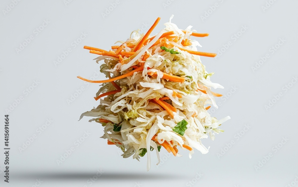 Poster levitation photograph of shredded white cabbage and orange carrots against a solid white background.