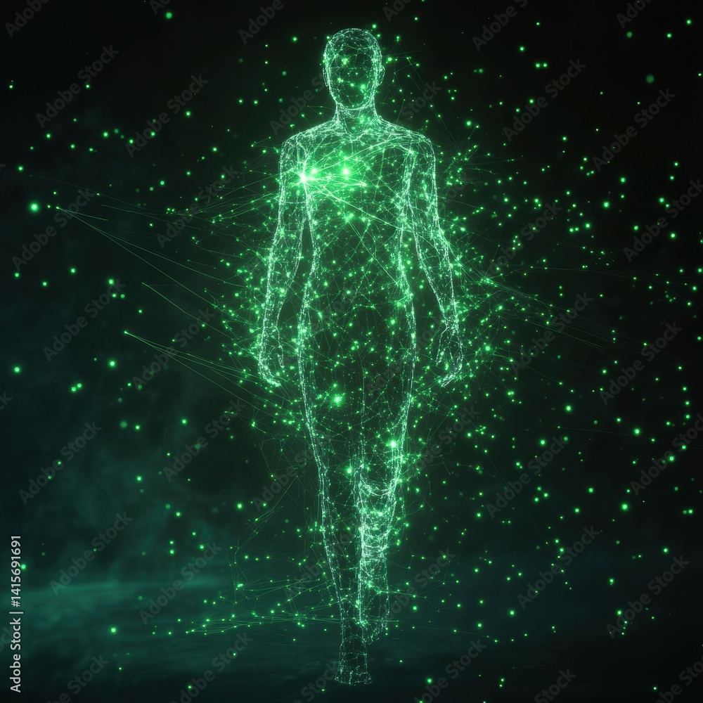 Aufkleber futuristic humanoid figure composed of glowing green lines and nodes representing an advanced cybern
