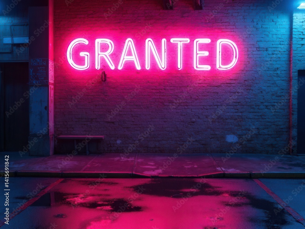 Poster rays neon light on neon brick wall. empty scene. neon reflections on wet asphalt. cyberpunk backgrou