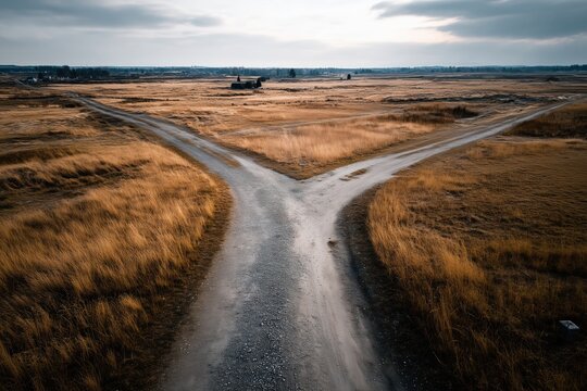 Gabelung auf einsamer Landstra&szlig;e in herbstlicher Landschaft

