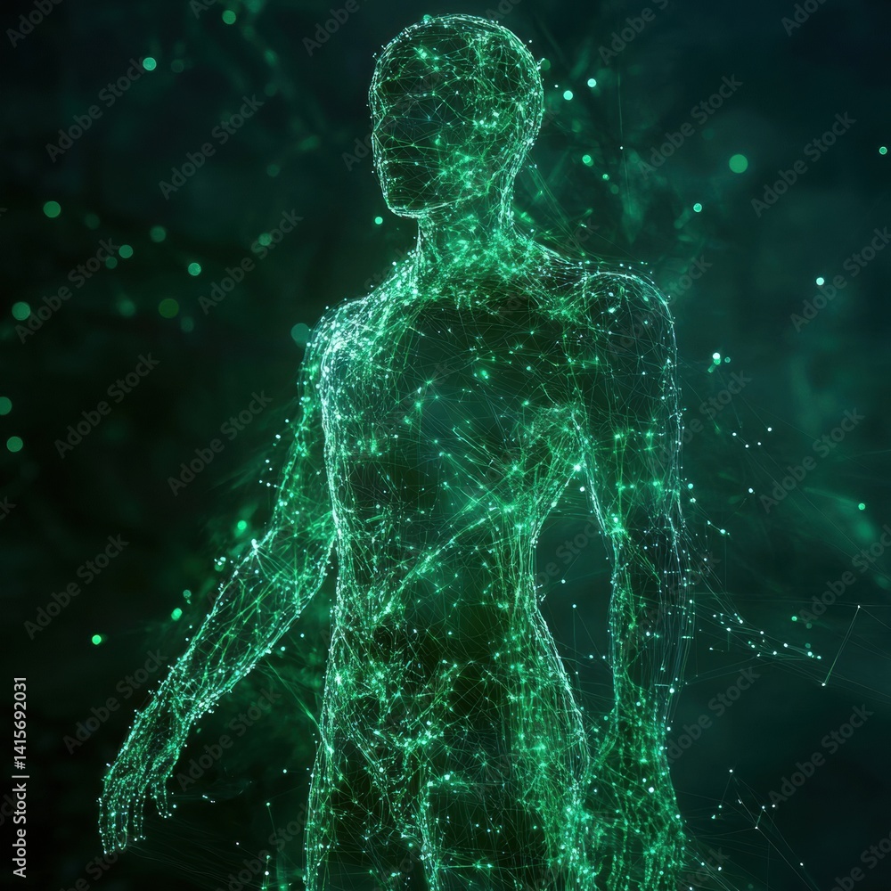 Poster futuristic humanoid figure composed of glowing green lines and nodes in a cybernetic design against 