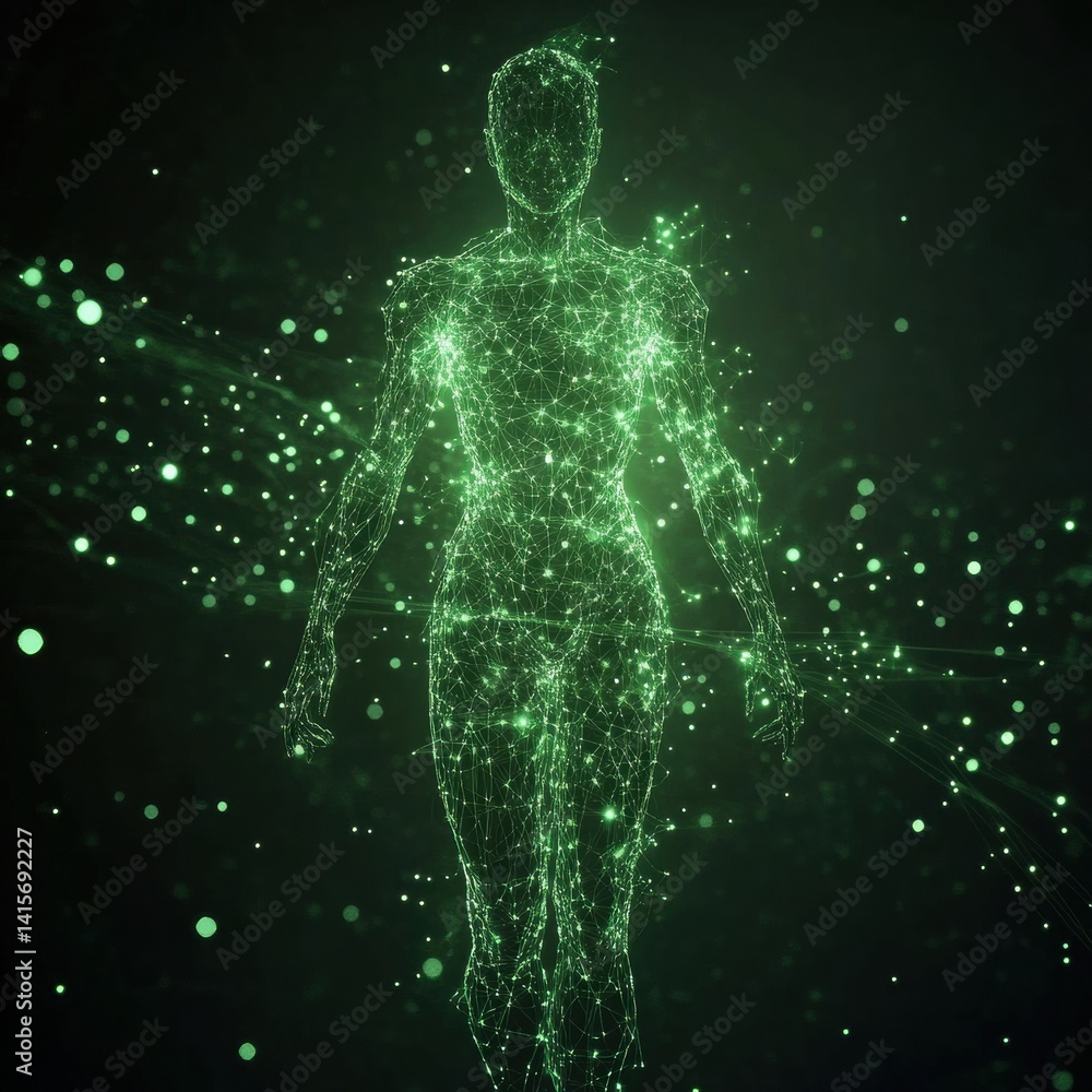 Aufkleber futuristic holographic humanoid figure composed of glowing green digital lines and nodes in an abstr