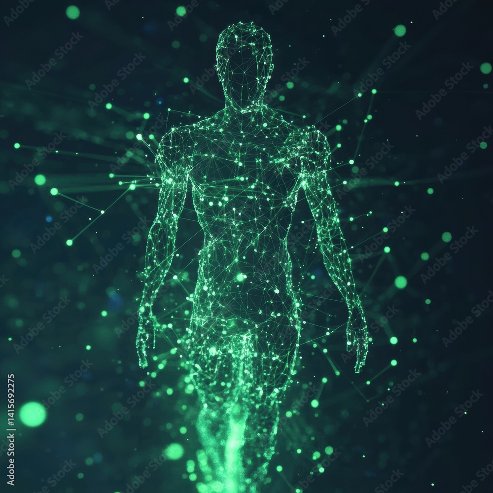 Aufkleber futuristic humanoid figure with glowing green digital lines and nodes in a cybernetic aesthetic agai