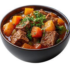 Delicious hearty beef stew recipe homemade served in a black bowl closeup on transparent background