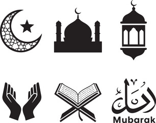 Eid Mubarak icon set silhouette vector illustration isolated On Transparent Background