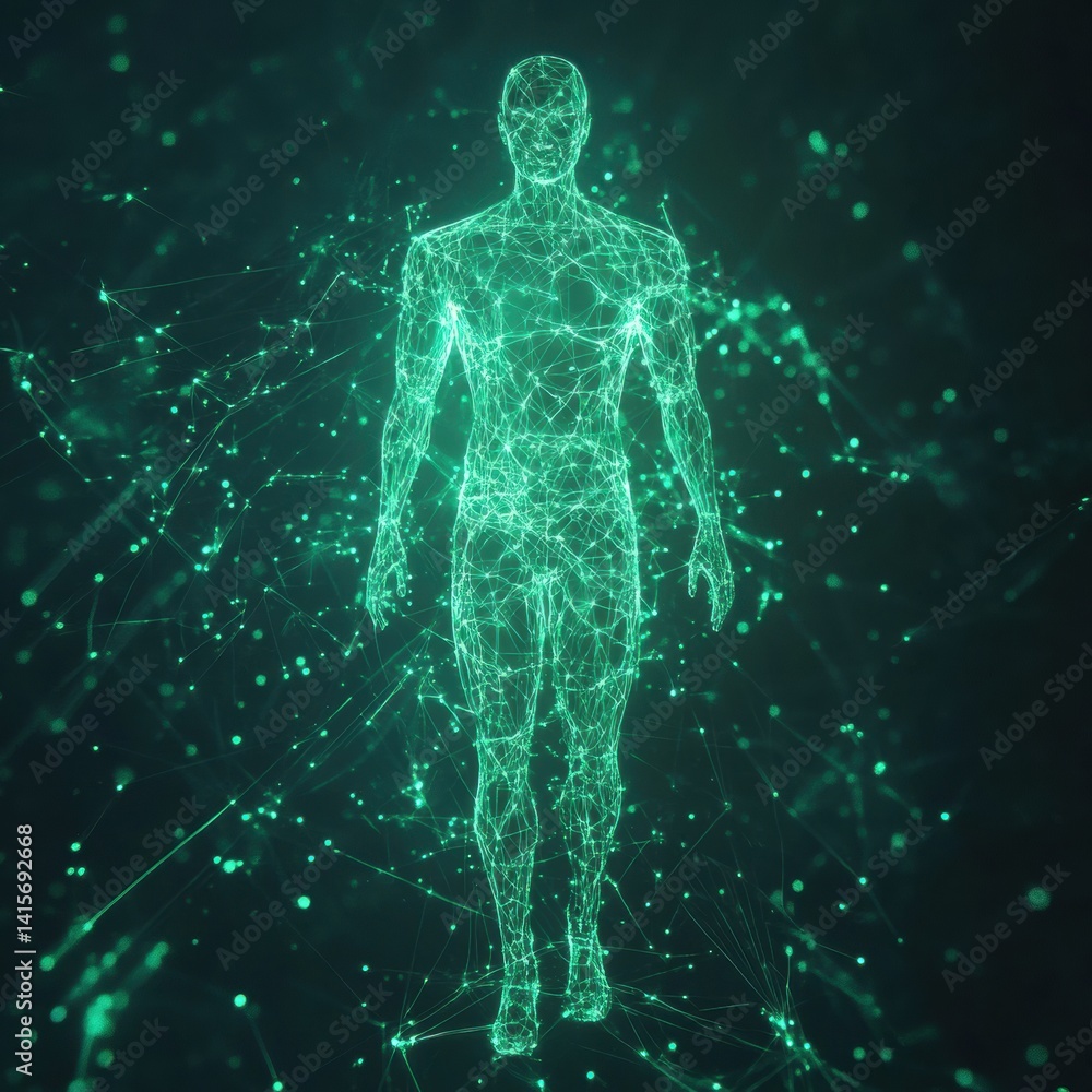 Aufkleber futuristic humanoid figure constructed from glowing green digital lines and nodes in an abstract cyb