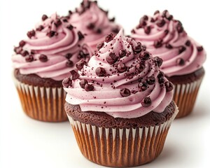 Delicious chocolate cupcakes with pink frosting and chocolate sprinkles on top