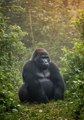 Naklejka premium Majestic Gorilla in Lush Green Forest Habitat, Natural Wildlife Photography.