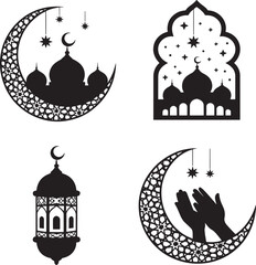 Eid Mubarak icon set silhouette vector illustration isolated On Transparent Background