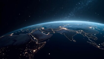 Obraz premium illustration of glowing planet with yellow network connecting cities on black background