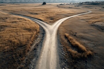 Gabelung auf einsamer Landstra&szlig;e in herbstlicher Landschaft

