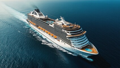 Cruise ship sailing on blue ocean water leaving a white wake behind it.