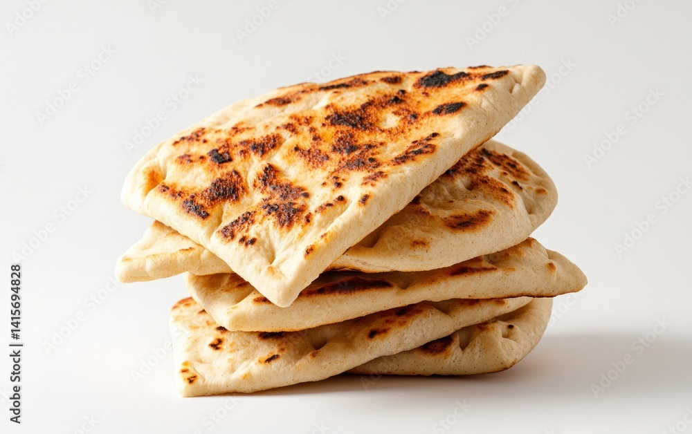 Poster a stack of toasted pita bread on a white background. the bread is light brown and slightly charred o