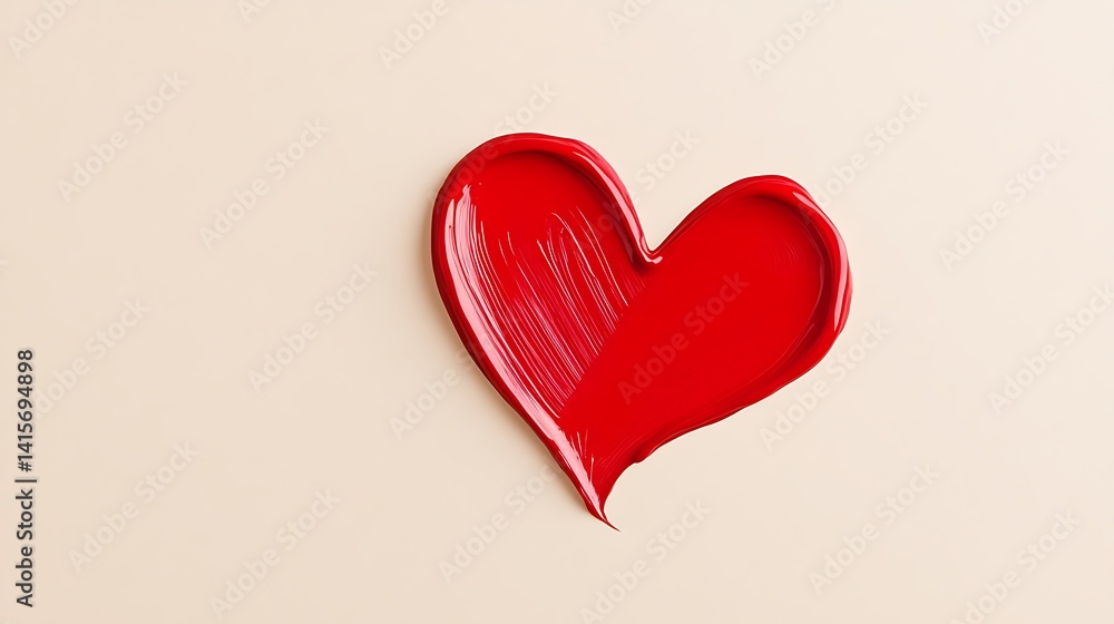 Poster red heart shape created with paint on light beige background for artistic context