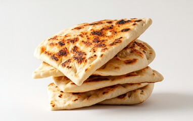 A stack of toasted pita bread on a white background. The bread is light brown and slightly charred on the edges. The image is well-lit and shows the texture of the bread