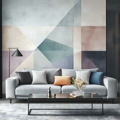 Simple yet elegant home design with beige sofa and floral wallpaper high resolution picture