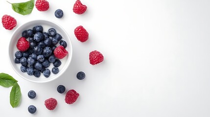 Fresh Red Raspberries and Blueberries in White Bowl on White Background