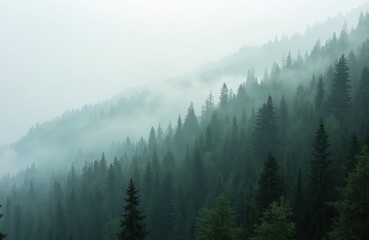 Misty mountain landscape. Fog drifts between trees. Forest covered hills in morning mist. Nature scene, moody atmosphere. Travel, hiking, scenic route, adventure in wilderness.