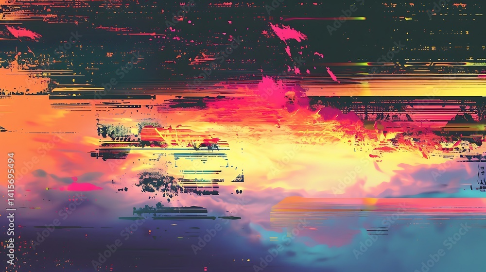 Poster abstract background with vibrant glitch art effects. distorted digital noise, pixelation, and color 