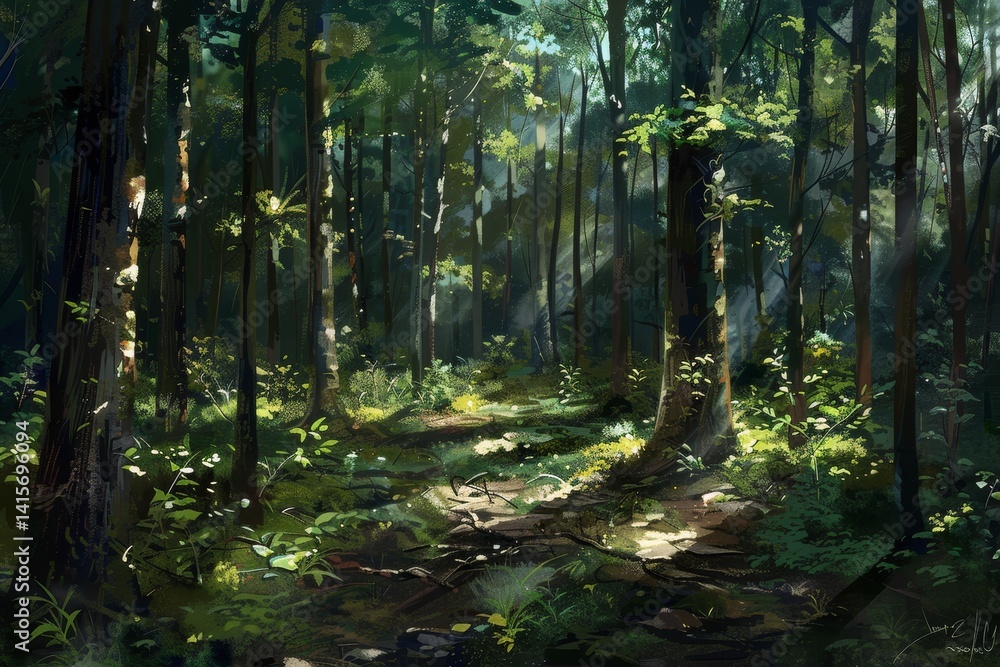 Poster sunlight streams through the canopy of a dense forest, illuminating a path through the lush green un