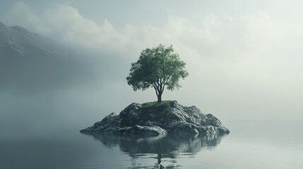 A solitary tree stands on a small rocky island in water
