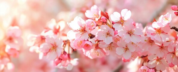 Soft focus image of pink and white blossoms on a tree branch.