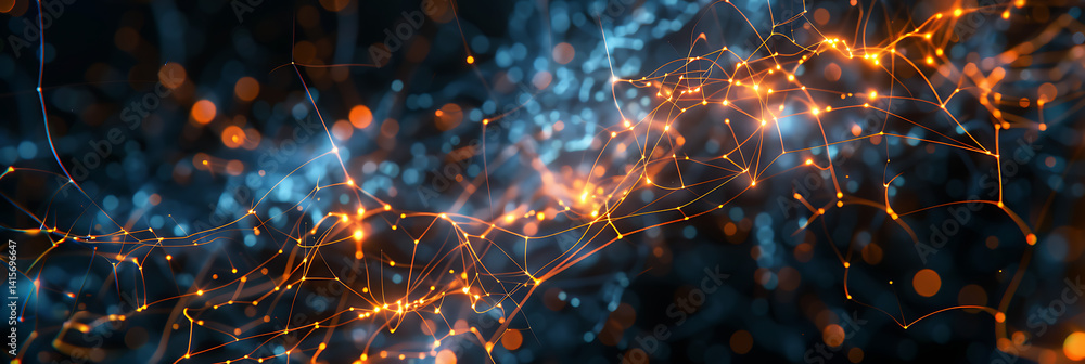 Poster abstract network visualization with glowing orange and blue nodes and connections on a dark backgrou
