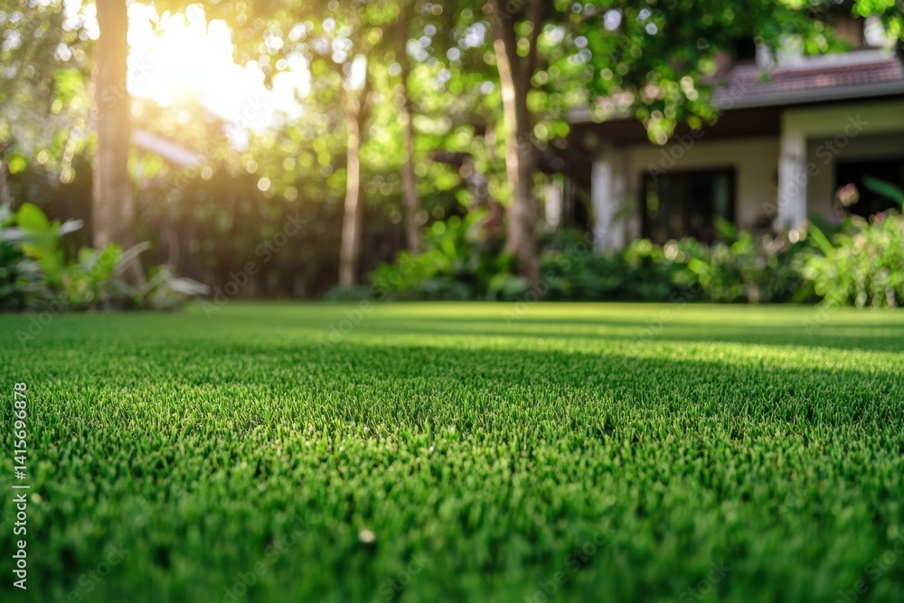 Poster sunlit garden with trees and house in the background on a bright day showcasing vibrant grass and pa